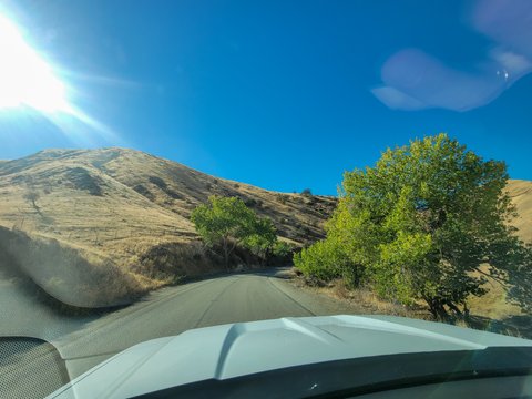 Driving through hills with trees